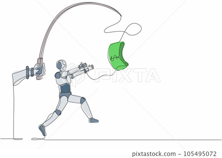 Continuous one line drawing hand with fishing pole and dollar cash control greedy robot. Humanoid robot cybernetic organism. Future robotics development. Single line draw design vector illustration Continuous one line drawing hand with fishing pole and dollar cash control greedy robot. Humanoid robot cybernetic organism. Future robotics development. Single line draw design vector illustration 105495072