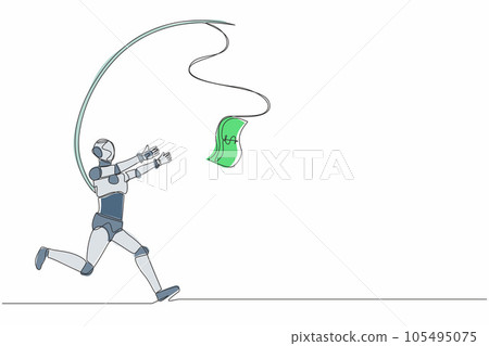 Single continuous line drawing robot running after money. Greedy robot with attached rod and dollar. Robotic artificial intelligence. Electronic technology. One line draw design vector illustration 105495075