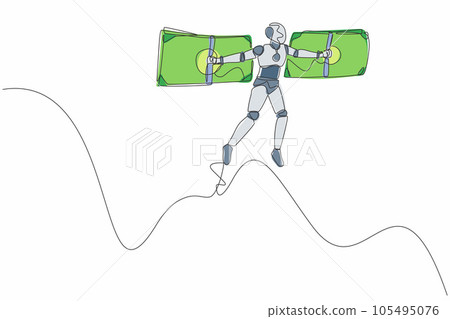 Single one line drawing robot flying on money wings. Financial freedom. Future technology development. Artificial intelligence and machine learning. Continuous line design graphic vector illustration 105495076