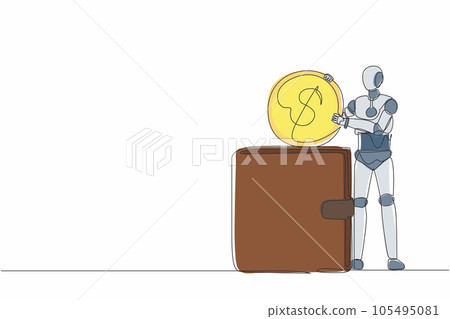 Continuous one line drawing robot putting dollar coin into big wallet. Humanoid robot cybernetic organism. Future robotics development concept. Single line draw design vector graphic illustration Continuous one line drawing robot putting dollar coin into big wallet. Humanoid robot cybernetic organism. Future robotics development concept. Single line draw design vector graphic illustration 105495081