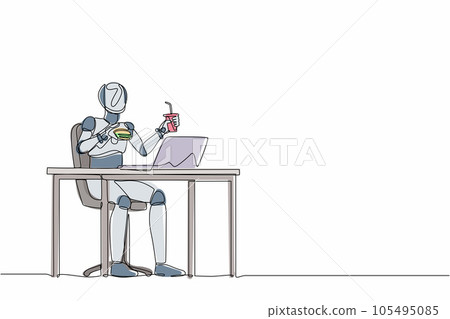 Single continuous line drawing robot eating burger fast food unhealthy lifestyle. Modern robotic artificial intelligence. Electronic technology industry. One line graphic design vector illustration 105495085