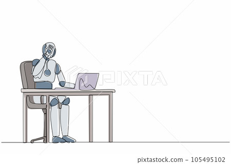 Continuous one line drawing robot work at laptop feeling bad, headache, exhausted. Humanoid robot cybernetic organism. Future robotics development. Single line draw design vector graphic illustration Continuous one line drawing robot work at laptop feeling bad, headache, exhausted. Humanoid robot cybernetic organism. Future robotics development. Single line draw design vector graphic illustration 105495102