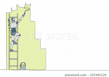 Single continuous line drawing robot painter standing on staircase paints wall with paint roller. Robotic artificial intelligence. Electronic technology. One line graphic design vector illustration Single continuous line drawing robot painter standing on staircase paints wall with paint roller. Robotic artificial intelligence. Electronic technology. One line graphic design vector illustration 105495126