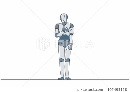 Single one line drawing robot keeping hands on chest. Smiling friendly robot expressing gratitude. Artificial intelligence and machine learning processes. Continuous line design vector illustration 105495138