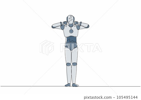 Continuous one line drawing robot showing thumbs down sign gesture. Dislike, disagree, disappointment, disapprove, no deal. Humanoid robot cybernetic organism. Single line design vector illustration Continuous one line drawing robot showing thumbs down sign gesture. Dislike, disagree, disappointment, disapprove, no deal. Humanoid robot cybernetic organism. Single line design vector illustration 105495144
