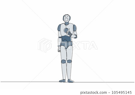 Single one line drawing robot showing thumbs up sign. Deal, like, agree, approve, accept. Future technology development. Artificial intelligence. Continuous line design graphic vector illustration Single one line drawing robot showing thumbs up sign. Deal, like, agree, approve, accept. Future technology development. Artificial intelligence. Continuous line design graphic vector illustration 105495145