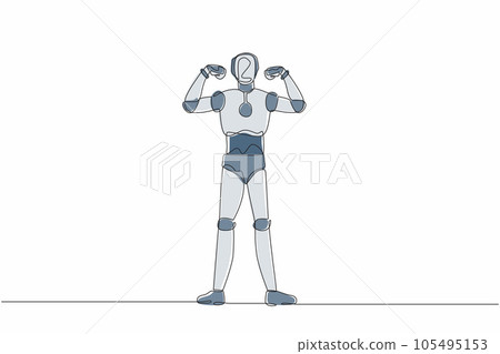Continuous one line drawing robot with gestures two hand fist up. Strong humanoid robot cybernetic organism. Future robotic development concept. Single line draw design vector graphic illustration 105495153