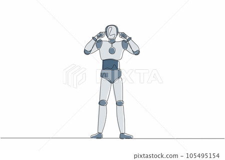 Single one line drawing robot covering ears with fingers with annoyed expression for noise of loud sound or music. Future technology development. Continuous line design graphic vector illustration 105495154