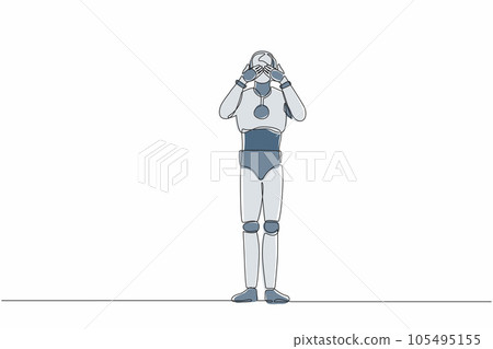 Single continuous line drawing robot closes his eyes with hands because of disgust and reluctance to see something. Robotic artificial intelligence. One line draw graphic design vector illustration 105495155