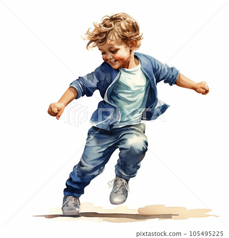 Watercolor dancing kid, happy boy dance, playing boy, watercolor clipart isolated on white background. 105495225
