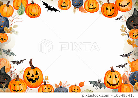 Halloween background with pumpkins and bats. watercolor illustration. selective focus. Generative AI 105495413