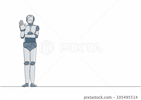 Single one line drawing robot showing palm as stop sign, stay, hold or rejection gesture. Future technology. Artificial intelligence machine learning. Continuous line draw design vector illustration Single one line drawing robot showing palm as stop sign, stay, hold or rejection gesture. Future technology. Artificial intelligence machine learning. Continuous line draw design vector illustration 105495514