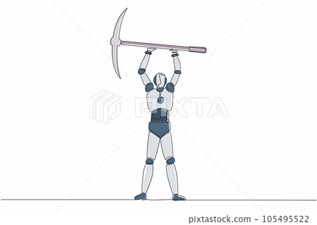 Single one line drawing robot standing and lifting big pickaxe. Future technology development. Artificial intelligence and machine learning processes. Continuous line draw design vector illustration 105495522