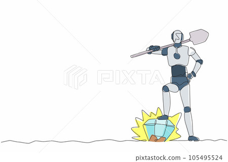 Single continuous line drawing robot digging ground with shovel finding big diamond. Robotic artificial intelligence. Electronic technology industry. One line draw graphic design vector illustration 105495524