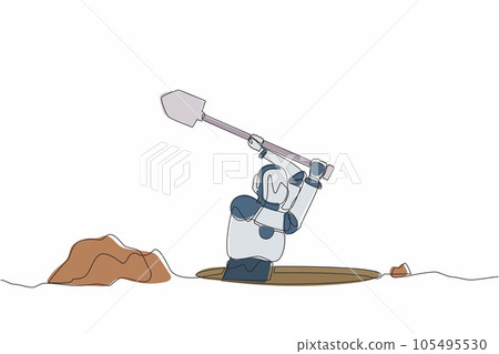 Continuous one line drawing robot digging in dirt using shovel. Humanoid robot cybernetic organism. Future robotics development. Treasure digging. Single line draw design vector graphic illustration 105495530