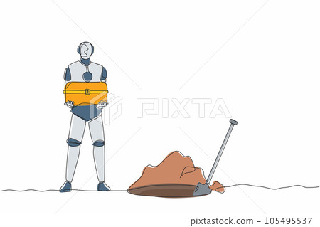 Single continuous line drawing robot standing near digging hole and holding chest treasure. Robotic artificial intelligence. Electronic technology industry. One line draw design vector illustration 105495537