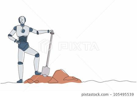 Single continuous line drawing happy robot standing near digging hole after work. Robotic artificial intelligence. Electronic technology industry. One line draw graphic design vector illustration 105495539