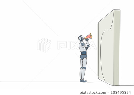 Continuous one line drawing robot holding megaphone standing and shouts in front of wall. Humanoid robot cybernetic organism. Future robotics development. Single line draw design vector illustration 105495554