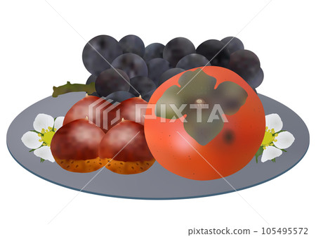 Three kinds of autumn fruits served on a plate "Persimmon" "Chestnut" "Grape" New Pione Gray plate Floral pattern 105495572