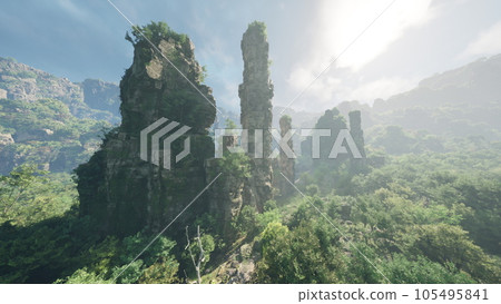 A group of rocks in a serene forest setting in China A group of rocks in a serene forest setting in China 105495841