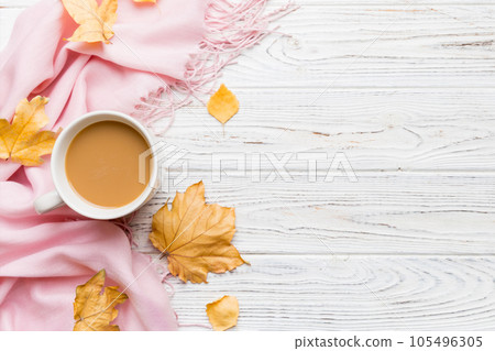Cup of cocoa with autumn leaves abstract still life top view vith copy space Cup of cocoa with autumn leaves abstract still life top view vith copy space 105496305
