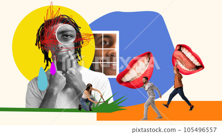 Young guy feeling sad and lonely. People maintaining mental health, growing peaceful and relaxed mind. Contemporary art collage. 105496557