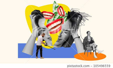Conceptual design. Young woman suffering from mental breakdown, depression and sadness. Contemporary art collage. Conceptual design. Young woman suffering from mental breakdown, depression and sadness. Contemporary art collage. 105496559