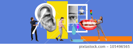 Young people working on clearness and calmness of mind. Contemporary art collage. Therapy and mental health 105496565