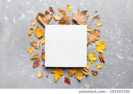 Autumn composition with paper blank and dried leaves on table. Flat lay, top view, copy space 105497290