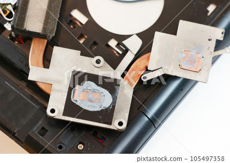 Thermal paste uses for to a CPU. Repairman replaces thermal grease or thermal compound. Professional service and repair tech and electronics devices, laptops and PC 105497358