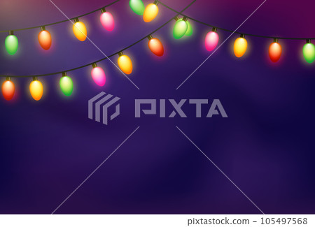 Festive garland with colorful lights on a purple background. Background for congratulations with light bulbs. Vector christmas lights festive decorations. 105497568