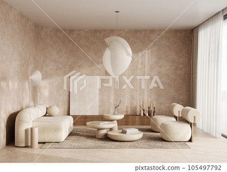Contemporary classic white beige interior with furniture and decor - carpet background. Large modern japanese lamp and nature view. 3d rendering illustration mockup. High quality 3d illustration 105497792