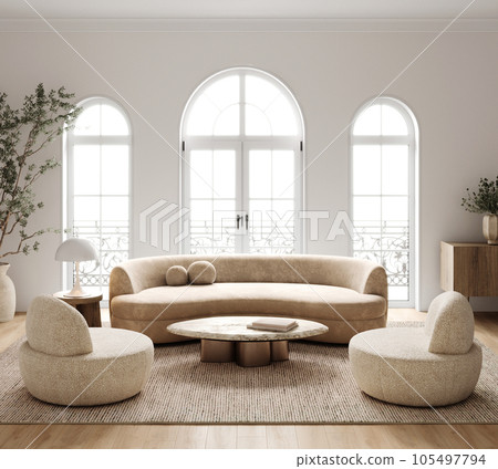 Contemporary classic white beige interior with green plant tree and decor carpet background. Large modern japanese lamp and nature front view. 3d rendering illustration. High quality 3d illustration Contemporary classic white beige interior with green plant tree and decor carpet background. Large modern japanese lamp and nature front view. 3d rendering illustration. High quality 3d illustration 105497794