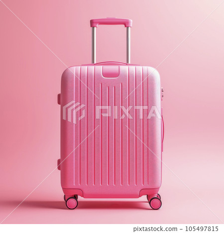 A bright pink suitcase on a bright background. Minimalism. The concept of travel. 105497815
