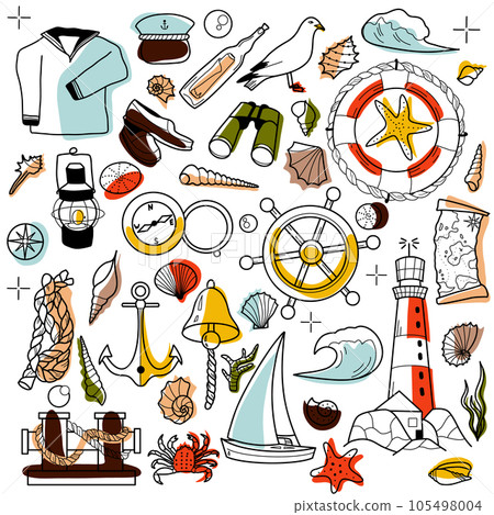 contour and spot drawings, set of elements of sea travel, cruise, lighthouse, sail, anchor, lifebuoy 105498004