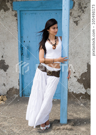beautiful woman dressing white clothes outside beautiful woman dressing white clothes outside 105498173