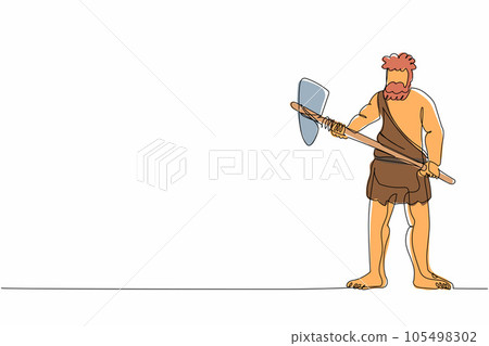 Single one line drawing primitive archaic man wearing clothes made of animal skin and holding big stone axe. Caveman, warrior or hunter from stone age. Continuous line draw design graphic illustration Single one line drawing primitive archaic man wearing clothes made of animal skin and holding big stone axe. Caveman, warrior or hunter from stone age. Continuous line draw design graphic illustration 105498302
