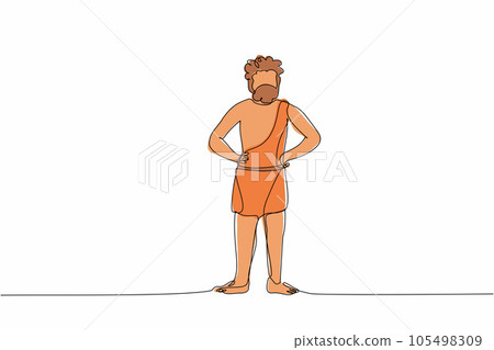 Single continuous line drawing prehistoric man standing with hands on waist pose. Prehistoric bearded man, primitive stone age caveman in animal pelt. One line draw graphic design vector illustration Single continuous line drawing prehistoric man standing with hands on waist pose. Prehistoric bearded man, primitive stone age caveman in animal pelt. One line draw graphic design vector illustration 105498309