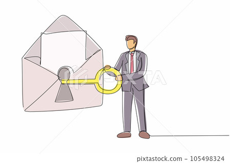 Continuous one line drawing smart businessman putting big key into mail. Message online security system protection personal information internet. Single line draw design vector graphic illustration Continuous one line drawing smart businessman putting big key into mail. Message online security system protection personal information internet. Single line draw design vector graphic illustration 105498324