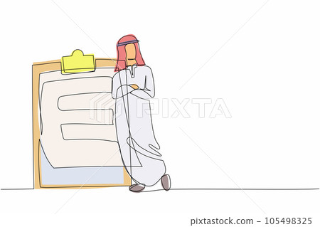 Continuous one line drawing relaxed Arab businessman standing and lean against clipboard. Business plan completed. Goal achievements planning schedule. Single line design vector graphic illustration Continuous one line drawing relaxed Arab businessman standing and lean against clipboard. Business plan completed. Goal achievements planning schedule. Single line design vector graphic illustration 105498325