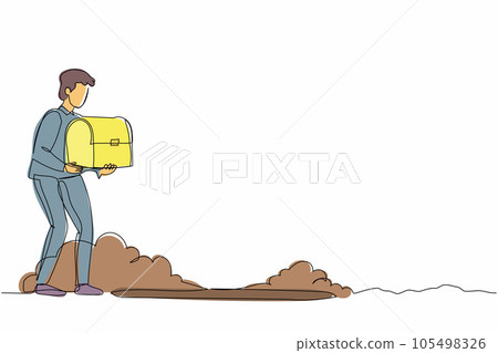 Single one line drawing excited businessman hold chest find treasure in ground. Happy office worker walking to digging hole with treasure box. Continuous line draw design graphic vector illustration Single one line drawing excited businessman hold chest find treasure in ground. Happy office worker walking to digging hole with treasure box. Continuous line draw design graphic vector illustration 105498326