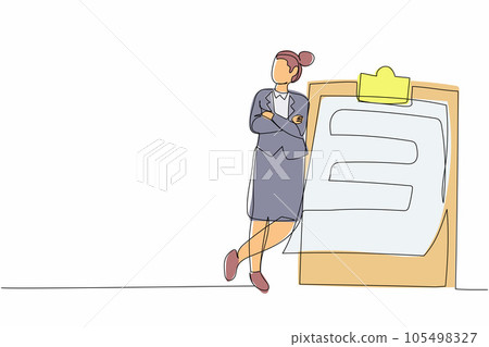 Single continuous line drawing relaxed businesswoman standing and lean against clipboard. Successfully completed checklist. Goal achievement planning schedule. One line draw design vector illustration Single continuous line drawing relaxed businesswoman standing and lean against clipboard. Successfully completed checklist. Goal achievement planning schedule. One line draw design vector illustration 105498327