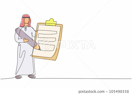 Single one line drawing Arab businessman standing and holding clipboard with checklist. Business success completed plan. Fulfilled tasks. Completed job. Continuous line draw design vector illustration 105498338