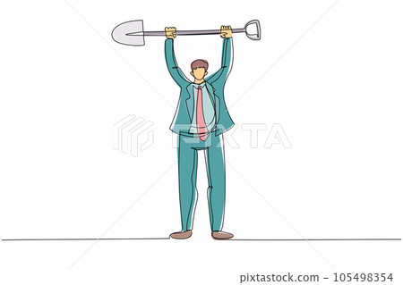 Single continuous line drawing young businessman standing and lifting big shovel. Depicts hard work, success, achievement, discovery. Success concept. One line draw graphic design vector illustration Single continuous line drawing young businessman standing and lifting big shovel. Depicts hard work, success, achievement, discovery. Success concept. One line draw graphic design vector illustration 105498354