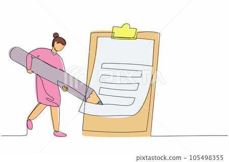Continuous one line drawing businesswoman writing on clipboard with pencil. Person completion business task. Goal achievements planning schedule. Single line draw design vector graphic illustration 105498355