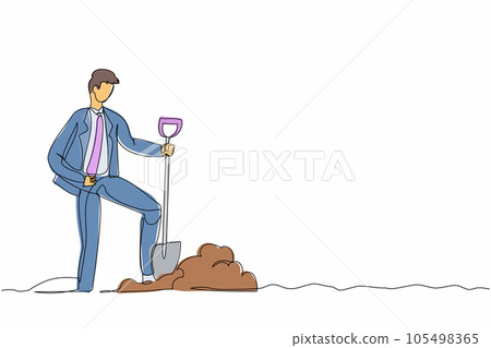 Single continuous line drawing businessman standing and holding shovel on dug ground. Man with excited expression find treasures in dirt. Successful business. One line draw design vector illustration Single continuous line drawing businessman standing and holding shovel on dug ground. Man with excited expression find treasures in dirt. Successful business. One line draw design vector illustration 105498365