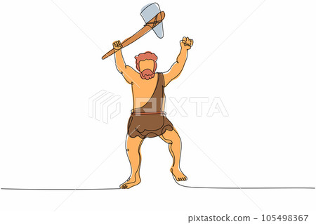 Single one line drawing caveman holding and raised stone axe overhead. Prehistoric man hunter with weapon. Ancient man hunting animal for food. Continuous line draw design graphic vector illustration Single one line drawing caveman holding and raised stone axe overhead. Prehistoric man hunter with weapon. Ancient man hunting animal for food. Continuous line draw design graphic vector illustration 105498367