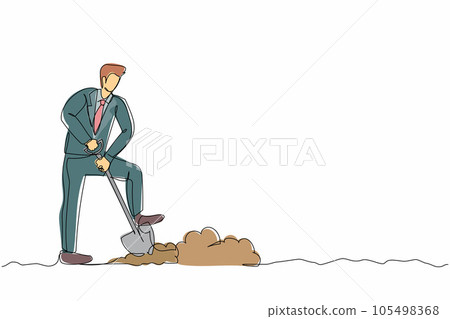 Single one line drawing positive businessman digging in dirt using shovel. Male manager in suit dig ground with spade. Hard working process. Continuous line draw design graphic vector illustration 105498368