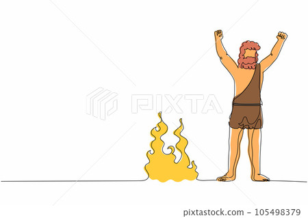Continuous one line drawing caveman stands and raised his hands around campfire. Prehistoric man standing around bonfire. Warmth his body at night. Single line draw design vector graphic illustration Continuous one line drawing caveman stands and raised his hands around campfire. Prehistoric man standing around bonfire. Warmth his body at night. Single line draw design vector graphic illustration 105498379
