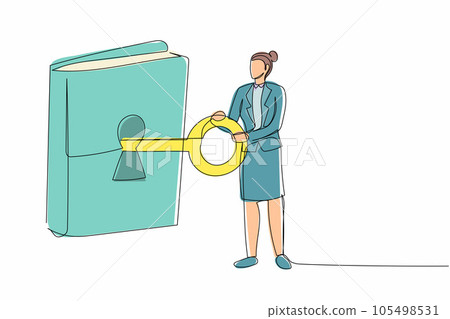Single continuous line drawing intelligent businesswoman put key into book. Office manager open book, information. Library. The key to new knowledge. One line draw graphic design vector illustration Single continuous line drawing intelligent businesswoman put key into book. Office manager open book, information. Library. The key to new knowledge. One line draw graphic design vector illustration 105498531